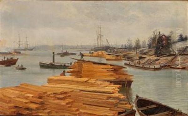 View From A River With A Timber Oil Painting by Vilhelm Karl Ferdinand Arnesen