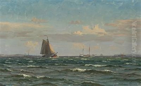 Coastal Scene With Ships At Sea Oil Painting by Vilhelm Karl Ferdinand Arnesen