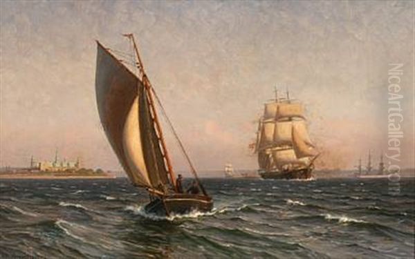 Marine With Smaller And Larger Sailing Ships Near Elsinore Castle Oil Painting by Vilhelm Karl Ferdinand Arnesen