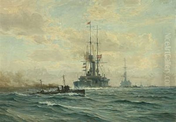 Seascape With Warships Oil Painting by Vilhelm Karl Ferdinand Arnesen