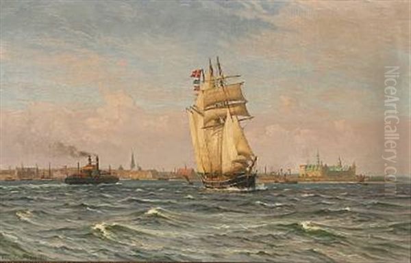 Marine With Ships Off The Coast Of Elsinore Oil Painting by Vilhelm Karl Ferdinand Arnesen