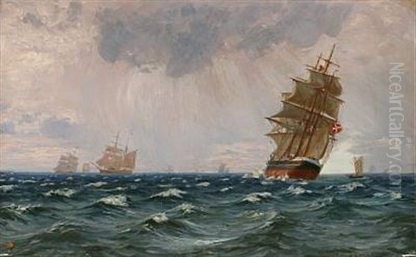 Danish Marine With Several Sailing Ships (in The Great Sound?) Oil Painting by Vilhelm Karl Ferdinand Arnesen