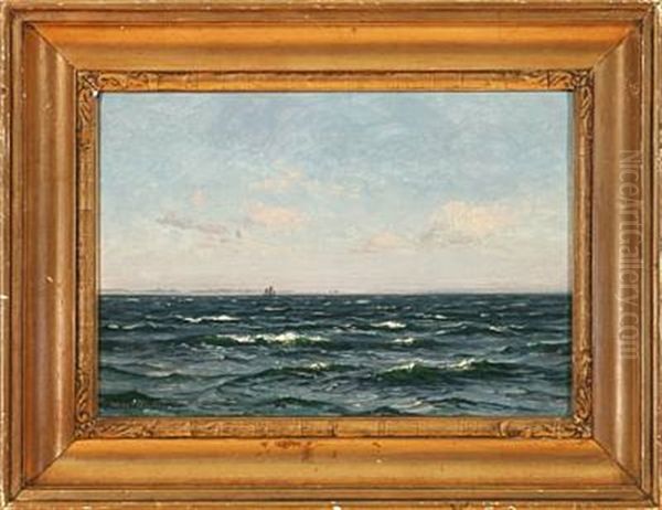 Marine In Calm Weather, In The Background A Sailing Ship Near A Coast Oil Painting by Vilhelm Karl Ferdinand Arnesen