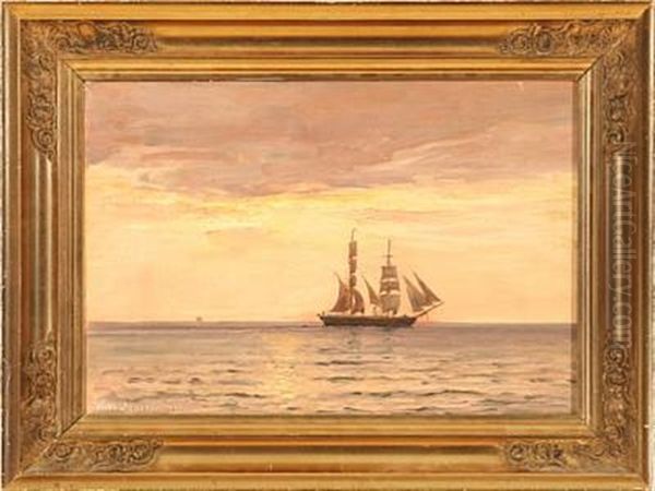 Marine With A Brig At Sunset Oil Painting by Vilhelm Karl Ferdinand Arnesen