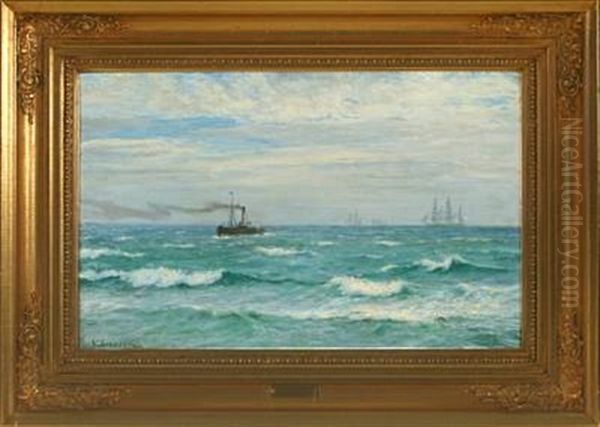 Seascape With Sailing Ship And Motor Boat Oil Painting by Vilhelm Karl Ferdinand Arnesen