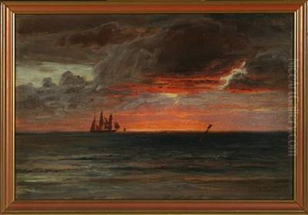 Seascape With Sailing Ships In The Sunset Oil Painting by Vilhelm Karl Ferdinand Arnesen