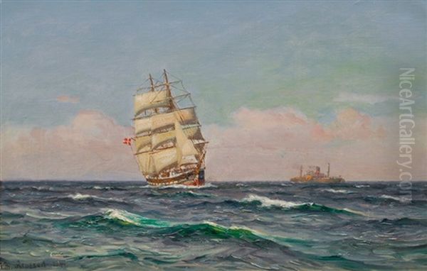 A Threemaster And A Freight Ship Oil Painting by Vilhelm Karl Ferdinand Arnesen