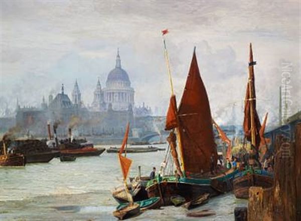 View Of The Thames In London. In The Background St. Paul's Cathedral Oil Painting by Vilhelm Karl Ferdinand Arnesen