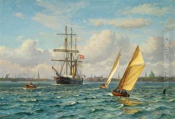 Lauge Kochs Expeditionsskib "gustav Holm" Og Andre Smaa Sejlere Paa Kjobenhavns Red Oil Painting by Vilhelm Karl Ferdinand Arnesen