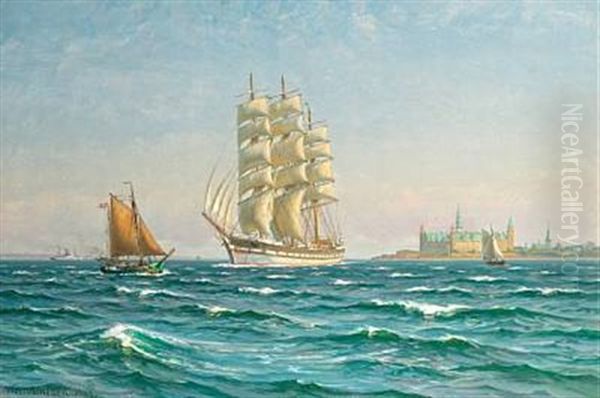 Ships At Sail Off Kronborg Castle On A Summer's Day Oil Painting by Vilhelm Karl Ferdinand Arnesen