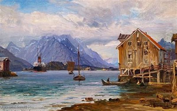 Ships And Houses In A Norwegian Inlet Oil Painting by Vilhelm Karl Ferdinand Arnesen