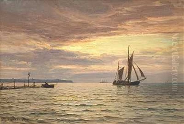 Morgenstemning Oresund, Fiskere Rogter Garn Oil Painting by Vilhelm Karl Ferdinand Arnesen