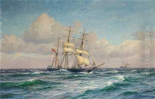 Gronlandsbarken "nordlyset" Modes Med Dampskibet "hans Egede" I Nordsoen Oil Painting by Vilhelm Karl Ferdinand Arnesen