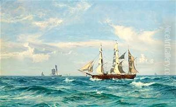 Marine Med Talrige Sejlskibe Pa Havet Oil Painting by Vilhelm Karl Ferdinand Arnesen