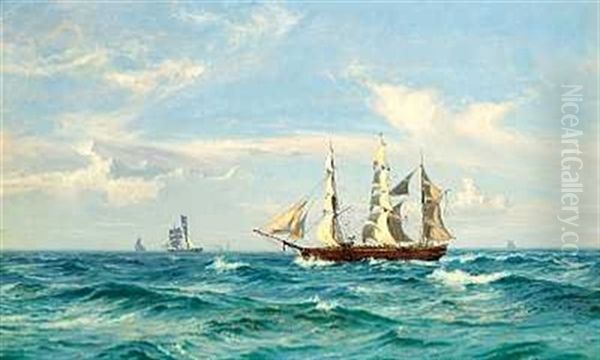 Marine Med Talrige Sejlskibe Pa Havet Oil Painting by Vilhelm Karl Ferdinand Arnesen