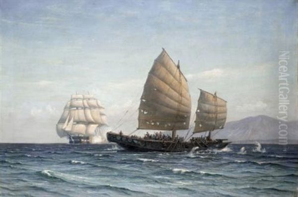 A Naval Engagement Oil Painting by Vilhelm Karl Ferdinand Arnesen