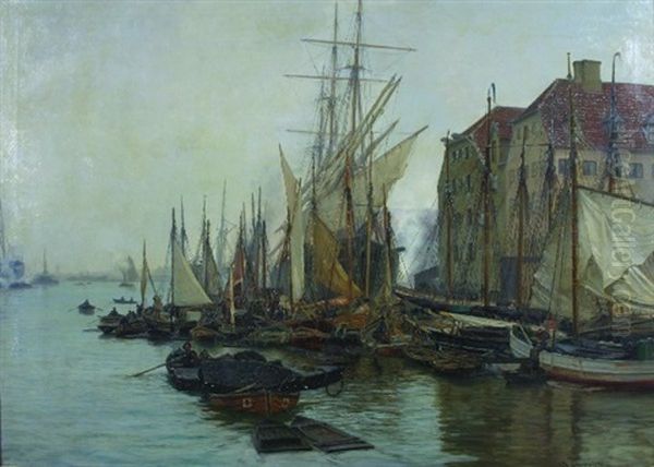 Ships In Harbour, Copenhagen Oil Painting by Vilhelm Karl Ferdinand Arnesen