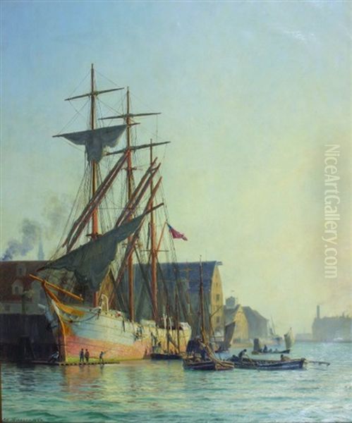 An American Ship In Copenhagen Oil Painting by Vilhelm Karl Ferdinand Arnesen