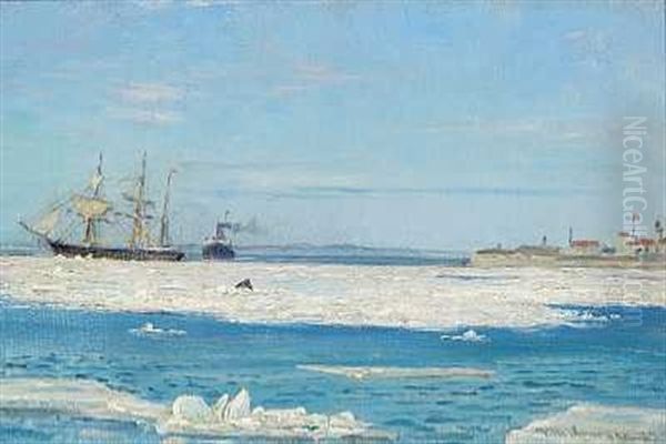 Skibe Ud For Kysten, Vinter Oil Painting by Vilhelm Karl Ferdinand Arnesen