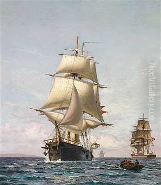 Tre Fuldriggere Og En Jolle Ud For Kysten Oil Painting by Vilhelm Karl Ferdinand Arnesen