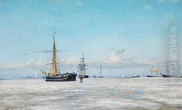 Skibe Pa Det Tilfrosne Oresund En Klar Vinterdag Oil Painting by Vilhelm Karl Ferdinand Arnesen