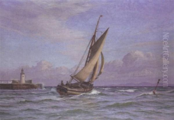 Sailing Off A Lighthouse Oil Painting by Vilhelm Karl Ferdinand Arnesen