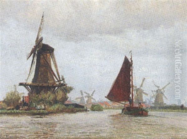 Landskab Med Vindmoller Og Sejlskib Pa Kanal Oil Painting by Vilhelm Karl Ferdinand Arnesen