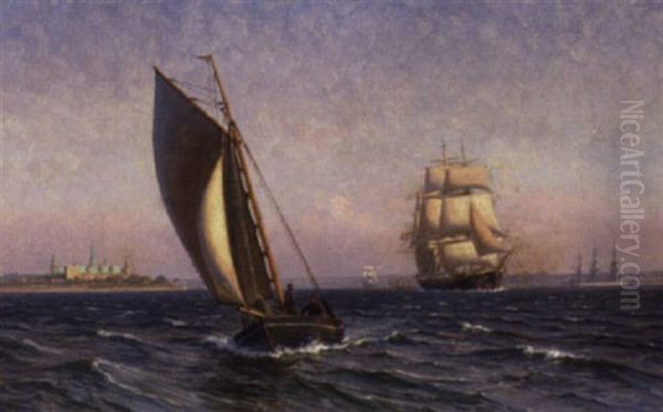 Sejlskibe Ud For Kronborg En Sommerdag Oil Painting by Vilhelm Karl Ferdinand Arnesen