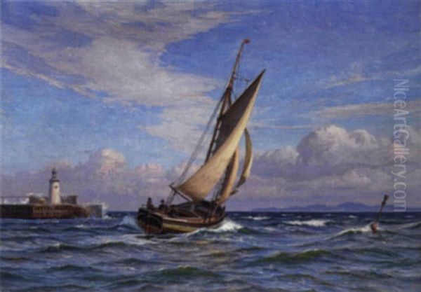 Marine Med En Sejlbad, Der Runder En Mole Oil Painting by Vilhelm Karl Ferdinand Arnesen