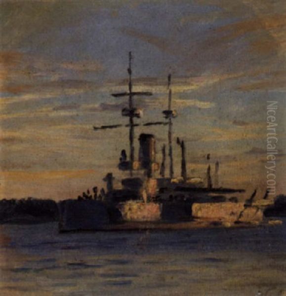 Marine Med Panserskibet Tordenskiold Ud For Kysten Oil Painting by Vilhelm Karl Ferdinand Arnesen