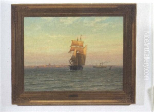 Marine Med Sejlskib Og Damper Udfor Oplyst By, Halsingborg Oil Painting by Vilhelm Karl Ferdinand Arnesen