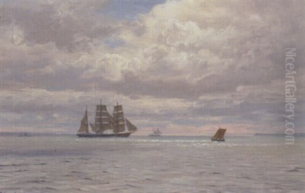 Marine Med Tremaster Og Mindre Bade Oil Painting by Vilhelm Karl Ferdinand Arnesen