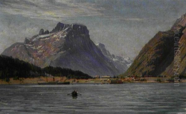 Dampskib Ud For Kysten Ved Aandalsnaes, I Baggrundren Sneklaedte Bjerge Oil Painting by Vilhelm Karl Ferdinand Arnesen