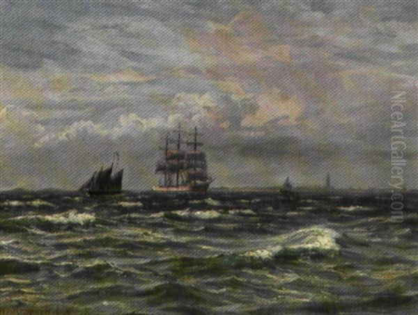 Marine Med Tremaster Og Andre Sejlskibe Pa Havet Oil Painting by Vilhelm Karl Ferdinand Arnesen