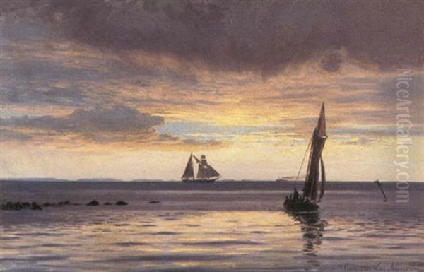 Sejlskibe Pa Havet Ved Solnedgangstide Oil Painting by Vilhelm Karl Ferdinand Arnesen