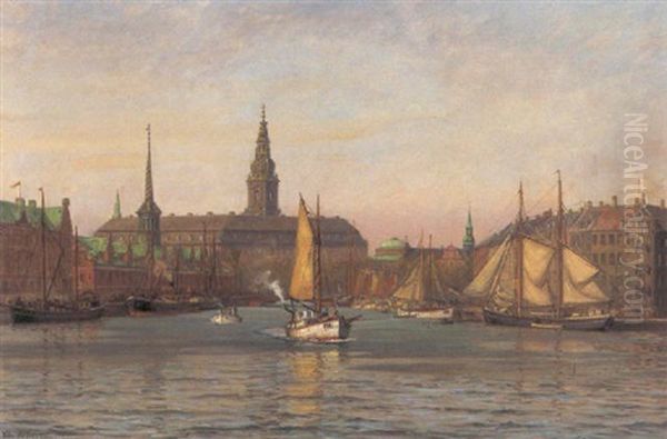 Parti Fra Kobenhavn Med Udsigt Mod Borsen Og Christiansborg Oil Painting by Vilhelm Karl Ferdinand Arnesen