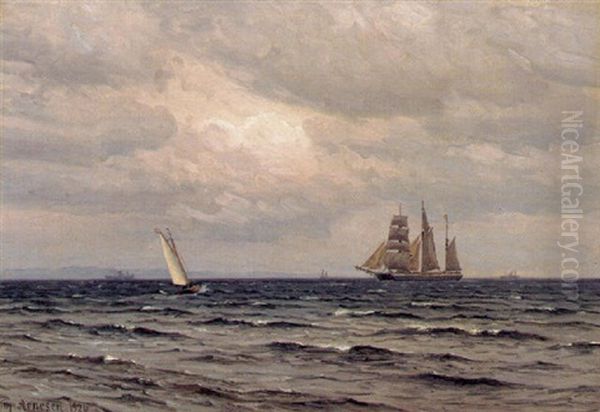 Tremaster Og Sejlskibe Pa Havet Oil Painting by Vilhelm Karl Ferdinand Arnesen