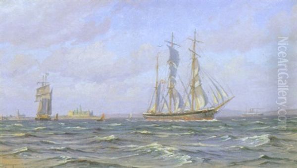 Marine, Skibe Pa Havet Udfor Kronborg Oil Painting by Vilhelm Karl Ferdinand Arnesen