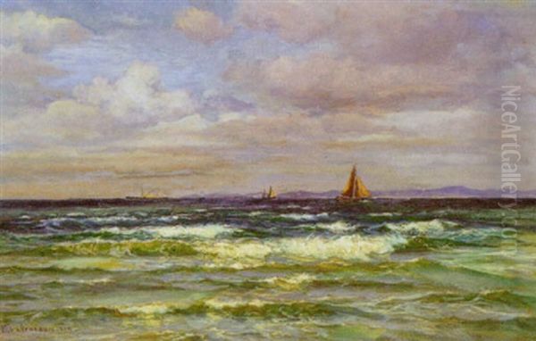 Marine Med Damper Og Sejlbade Pa Sundet Oil Painting by Vilhelm Karl Ferdinand Arnesen