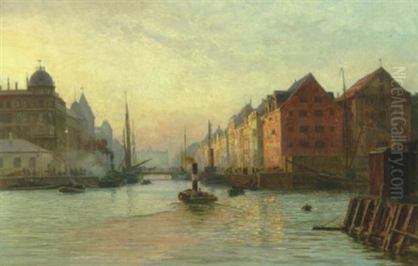 Solnedgang Over Nyhavn, Set Fra Gronlanske Handels Plads Oil Painting by Vilhelm Karl Ferdinand Arnesen