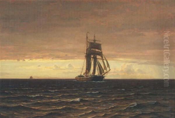 A Topsail Schooner At Dusk Oil Painting by Vilhelm Karl Ferdinand Arnesen