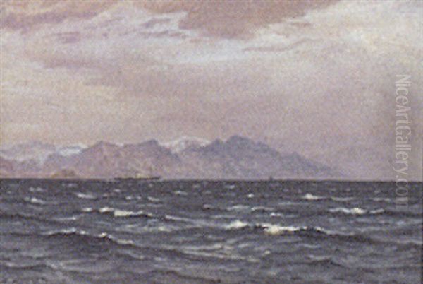 Marine, Dampskib Pa Havet Udfor Kyst Oil Painting by Vilhelm Karl Ferdinand Arnesen