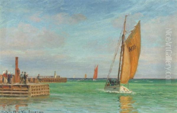 Parti Fra Gilleleje Med Fiskerbade Pa Vej Ind I Havnen Oil Painting by Vilhelm Karl Ferdinand Arnesen