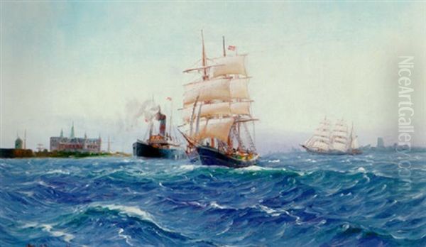 Livlig Trafik I Sundet Ud For Kronborg Oil Painting by Vilhelm Karl Ferdinand Arnesen