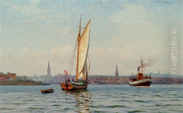 Indsejling Til Flensborg Havn Med Sejlbad Og Faerge Oil Painting by Vilhelm Karl Ferdinand Arnesen