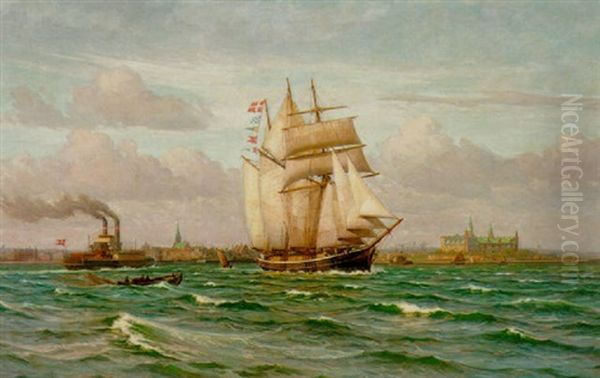 Livlig Rafik I Sundet Mellem Helsingor Og Helsingborg Oil Painting by Vilhelm Karl Ferdinand Arnesen