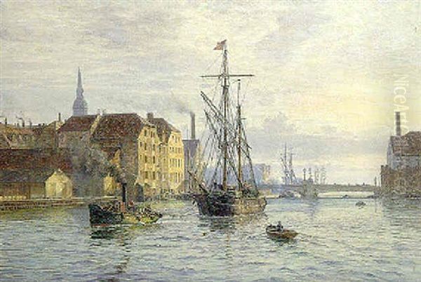 Parti Fra Kobenhavns Med Et Skib Der Bliver Bugseret Oil Painting by Vilhelm Karl Ferdinand Arnesen