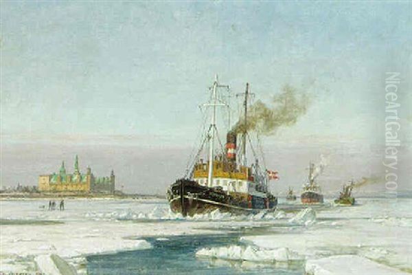 Isbrydere I Sundet Udfor Kronborg Oil Painting by Vilhelm Karl Ferdinand Arnesen