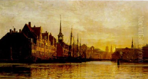 Solnedgang Over Borsgraven Ved De Seks Sostre Oil Painting by Vilhelm Karl Ferdinand Arnesen