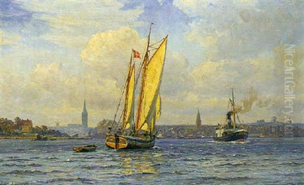 Flensborg Set Fra Fjorden Oil Painting by Vilhelm Karl Ferdinand Arnesen